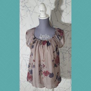 Marina Gigli Beige Floral Printed Scoop Neck Tee Fairy